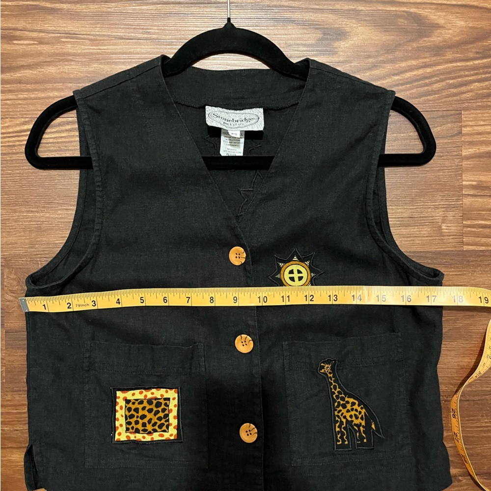 Vintage Stonebridge Linen Blend Black Novelty Artsy Vest Safari Animals Size S/P - Picture 9 of 12